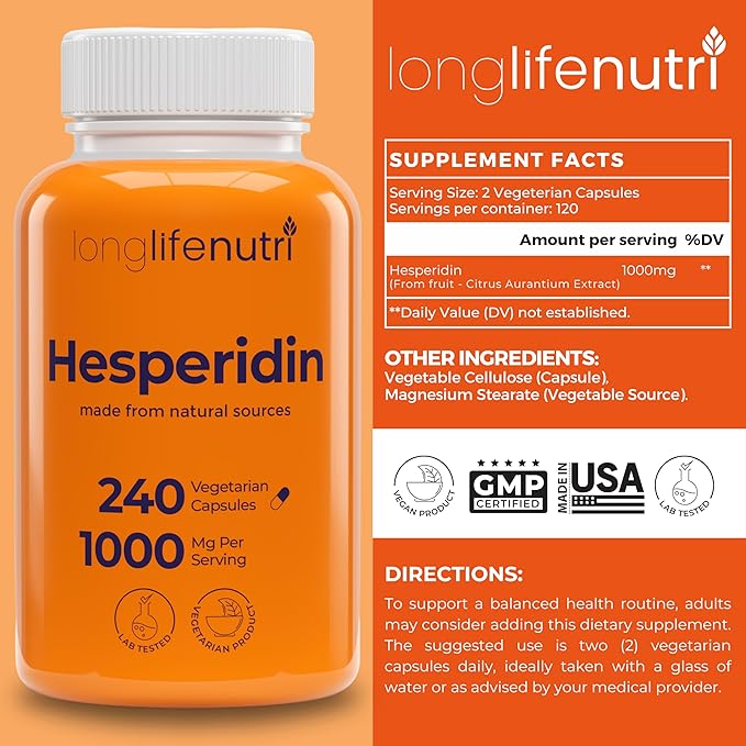 Hesperidin 1000mg, 240 Capsules (4 Month Supply), Supports Cardiovascular Health, Blood Pressure & Circulation, Immune Support, Potent Antioxidant & Vascular Function Benefits, Made in USA
