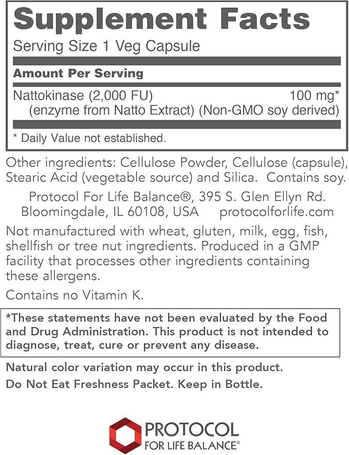 Protocol Nattokinase - 100mg Nattokinase Supplement - for Heart Health & Blood Circulation* - Kosher & Dairy Free - 60 Veg Caps