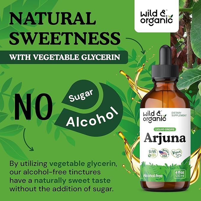 Wild & Organic Arjuna Bark Tincture - Overall Well-Being Supplement - Alcohol-Free Liquid Drops - Terminalia Arjuna Bark Extract - No Sugar & Additives, Non-GMO - 4 fl oz