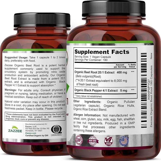 Zazzee USDA Organic Beet Root 8000 mg Strength 20:1 Extract, 180 Vegan Quick Release Capsules, Black Pepper Extract for Enhanced Absorption, Supports Nitric Oxide Production, Non-GMO, Made in The USA