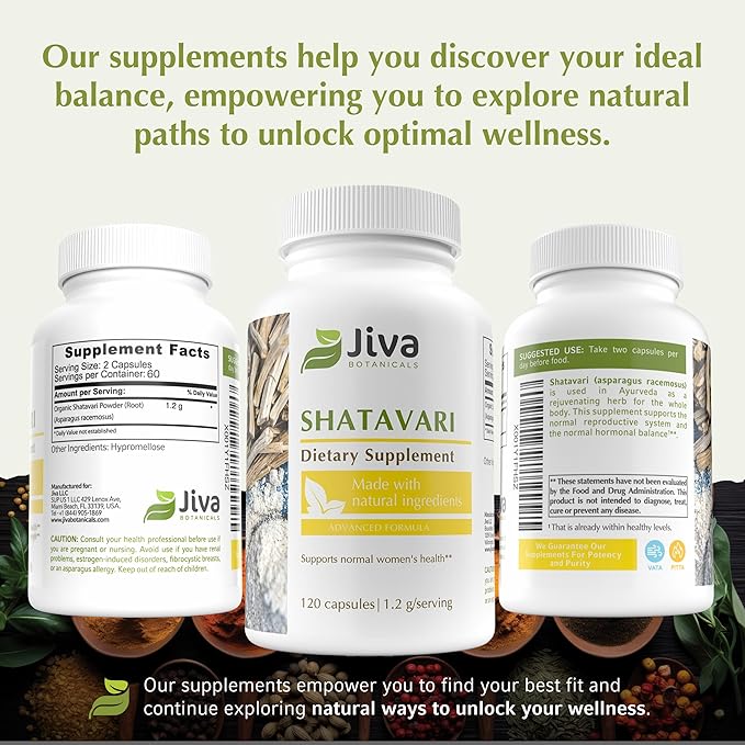 Jiva Botanicals Shatavari Supplement 1200mg - Shatavari Root Powder for Normal Hormonal Balance and Normal Energy Levels - Made in The USA - Non GMO, Vegan - 120 Capsules (Pack of 1)