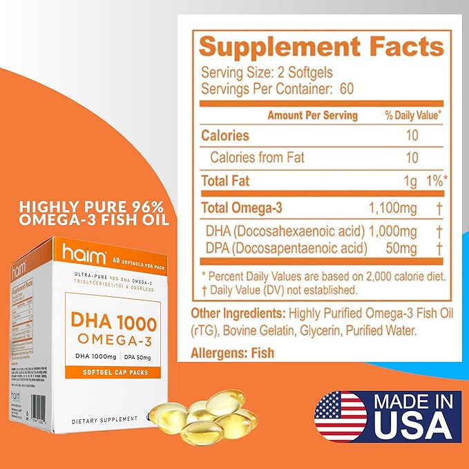 HAIM DHA 1000 Omega-3 Fish Oil - 90% Purity with 1000mg DHA, 50mg DPA - High Potency Fish Oil Supplement for Brain, Eye & Heart Support - Promotes Overall Wellness & Focus - 1 Box, 60 Softgels