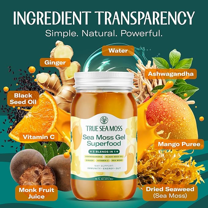 TrueSeaMoss Sea Moss Gel – Made in USA – 5-in-1 Formula – Wildcrafted Seamoss, Ashwagandha & Sea Vegetables – Ashwagandha, Pack of 1 (Labels May Vary)