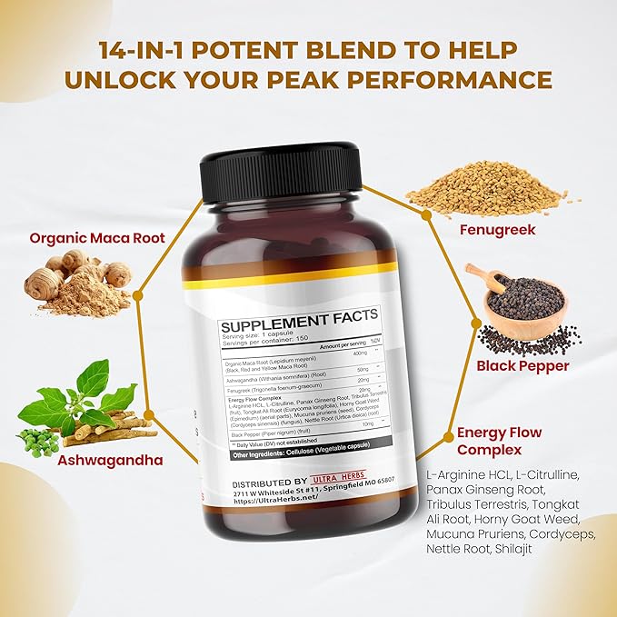 Peruana Maca Root Black, Red, Yellow | Maca Root Capsules Enhanced with Ginseng, Ashwagandha, Fenugreek | Support Stamina, Performance & Mood | 150 Capsules