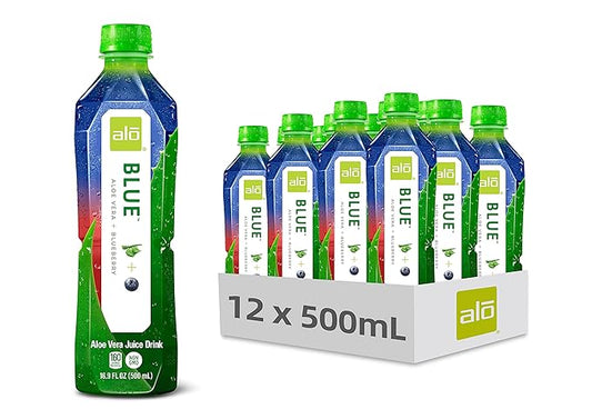 ALO Aloe Vera Juice Drink | BLUE - Aloe Vera + Blueberry | 16.9 fl oz, Pack of 12 | Plant-Based Drink with Real Aloe Pulp