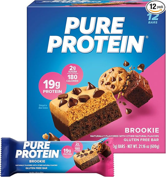 Pure Protein Bars, High Protein, Nutritious Snacks to Support Energy, Low Sugar, Gluten Free, Brookie, 1.76oz, 12 Count (Packaging May Vary)