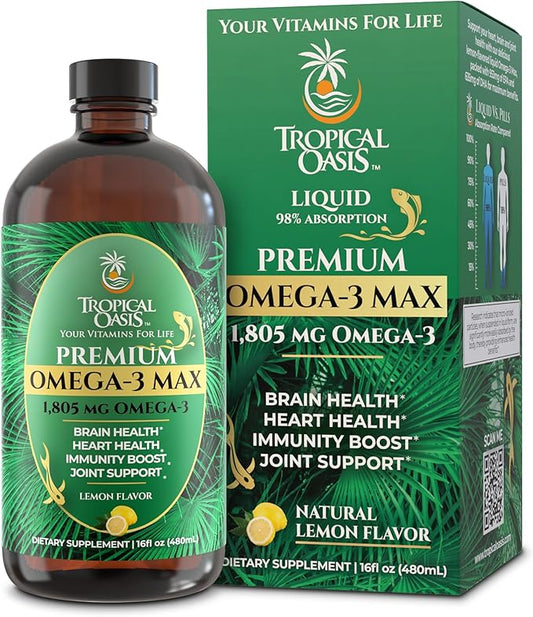 Premium Omega-3 Fish Oil Liquid Supplement | 1805mg EPA & DHA per Serving | Brain, Heart & Joint Support | High Absorption, No Fishy Burps | Natural Lemon Flavor | 16.1oz | 96 Servings