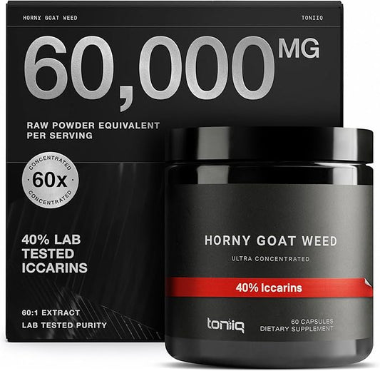 Super Strength Horny Goat Weed for Men & Women 60,000mg - Epimedium sagittatum - 40% Icariins - 60: 1 Concentrated Extract from 1000mg Formula - 3P tested - Premium hornygoatweed for Men - 60 Caps