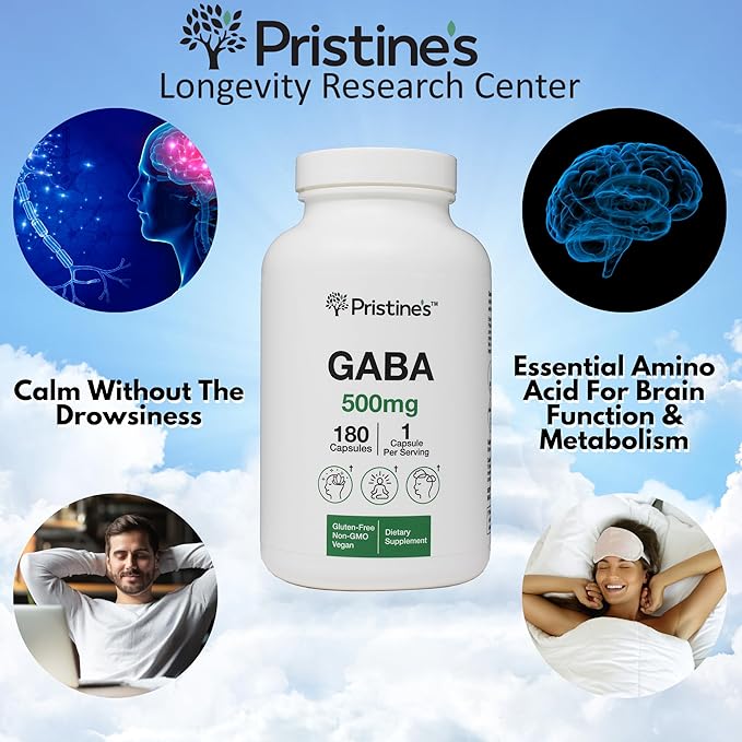 PRISTINE'S GABA 500mg Sleep Quality Support Supplement - 180 Day Supply - Calm Mind & Relaxation Sleep Support Capsules