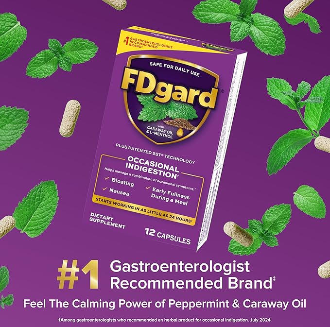 FDgard Gut Health Supplement, Indigestion, Nausea & Bloating, Upset Stomach, 12 Capsules