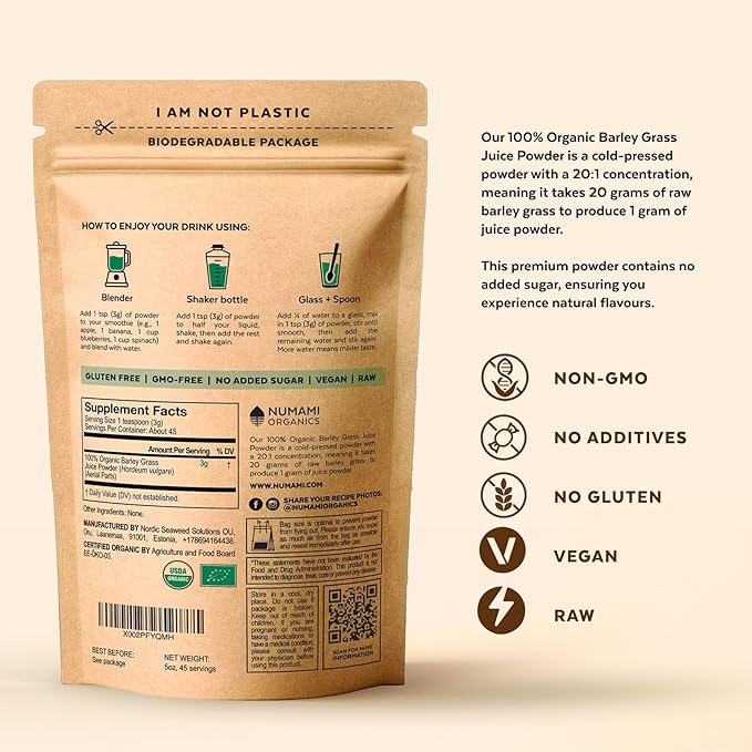 Numami Organic Barley Grass Juice Powder, Grown in USA, Pure Raw and Water Soluble, Add to Your Smoothie or Drink as a Juice
