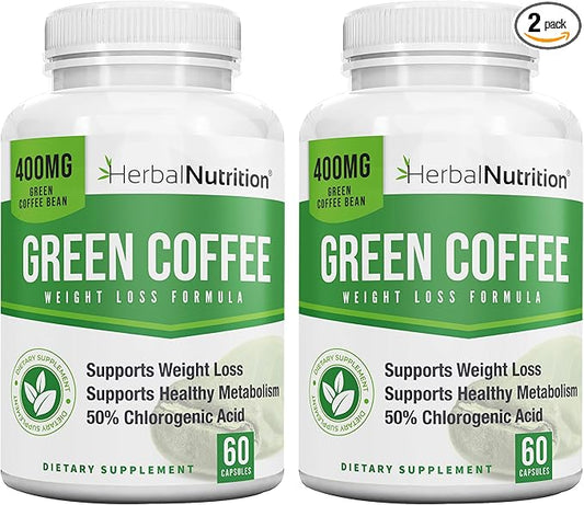 Herbal Nutrition BOGO Pure Green Coffee Bean Extract, Two Bottle Pack, 120 Capsules, Multi-Level Dosing 400mg - 1200mg Per Serving, 50% Chlorogenic Acid. Weight Loss & Cleanse Supplement