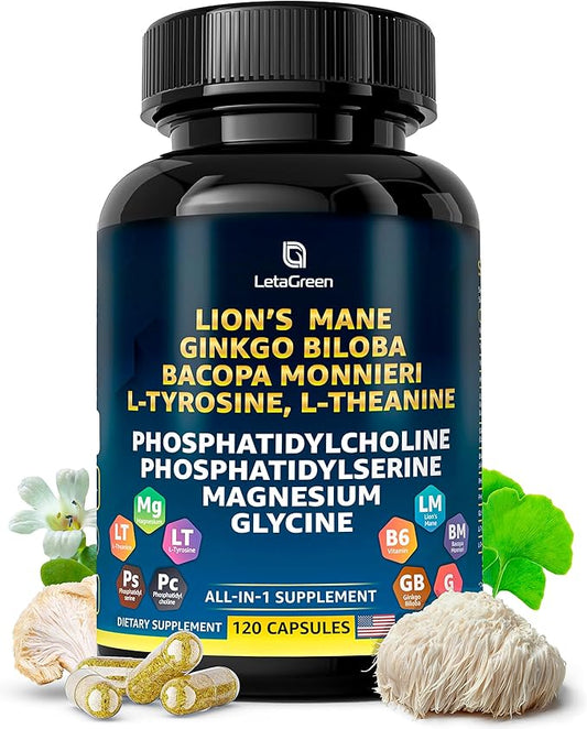 Organic Lions Mane Supplement Capsules - 120 Real Mushrooms Lion's Mane Capsules with Ginkgo Biloba Herb, Bacopa Monnieri, L Theanine, L Tyrosine - Mushroom Complex for Daily Wellness