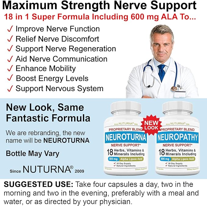 Neuropathy Support Nerve Supplement with 600 mg Pure Alpha Lipoic Acid - Maximum Strength Formula, Fortify Nerves in Fingers, Hands, Toes, & Feet - Best Peripheral Relief Support - 120 Capsules