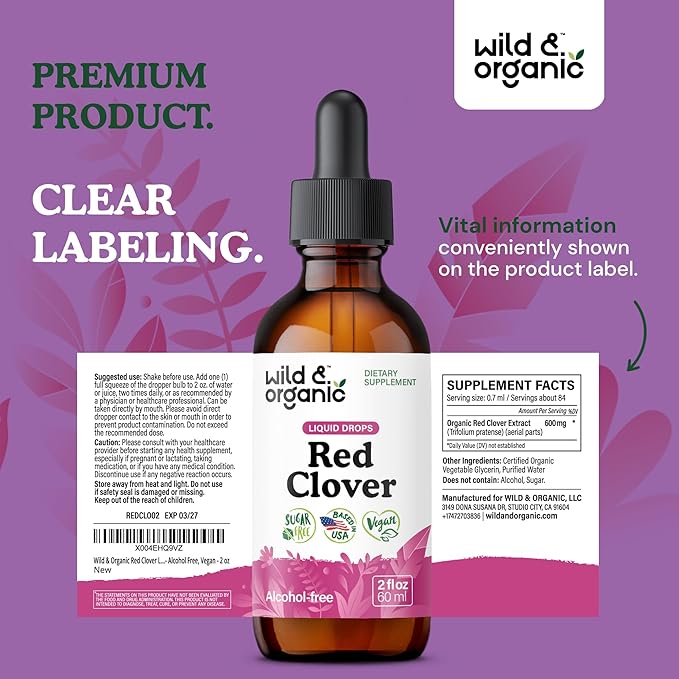 Wild & Organic Red Clover Extract Drops 600 mg - Liquid Red Clover Supplement for Women - 1-Month Supply - Trifolium Pratense Blossom Tincture - Vegan, Sugar & Alcohol-Free - 2 fl oz