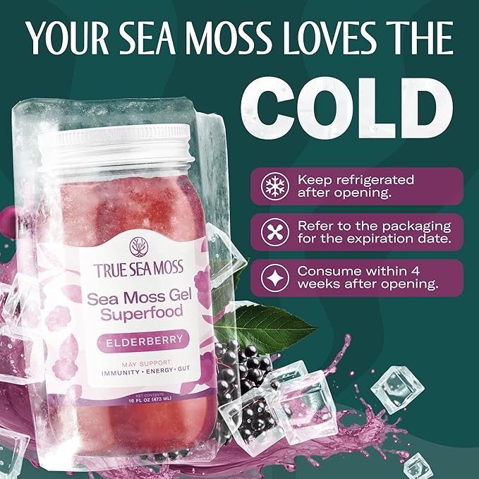 TrueSeaMoss Sea Moss Gel – Made in USA – Wildcrafted Seamoss, Fresh Fruits & Sea Vegetables – Elderberry, Pack of 1 (Labels may Vary)