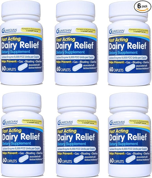 Guardian Dairy Relief Fast Acting Caplets, 9000 FCC, Lactose Intolerance Pills, Lactase Enzyme (360CT (Bottles))