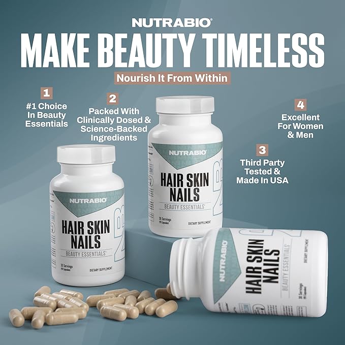 NutraBio Hair Skin Nails Vitamins| Enhanced Collagen Support | Skin Hydration | for Men & Women with Biotin, Keratin, Hyaluronic Acid & More- 90 Capsules