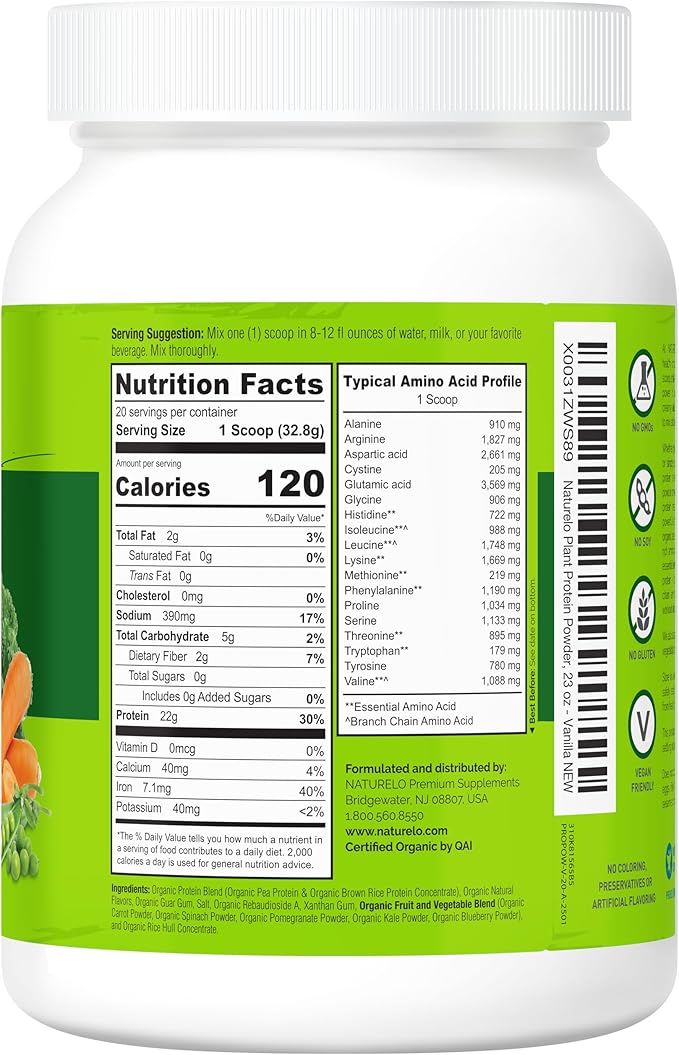 NATURELO Plant Protein Powder, Vanilla, 22g Protein - Non-GMO, Vegan, No Gluten, Dairy, or Soy - No Artificial Flavors, Synthetic Coloring, Preservatives, or Additives - 20 Servings