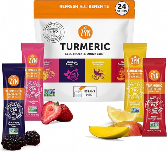 ZYN Electrolyte Drink Mix Hydration Packets, Electrolytes Powder, Hydration Packets w/Turmeric Curcumin, Vitamin C and D, Zinc, Hydrate Electrolyte Powder Packets for Wellness, Variety Pack of 24