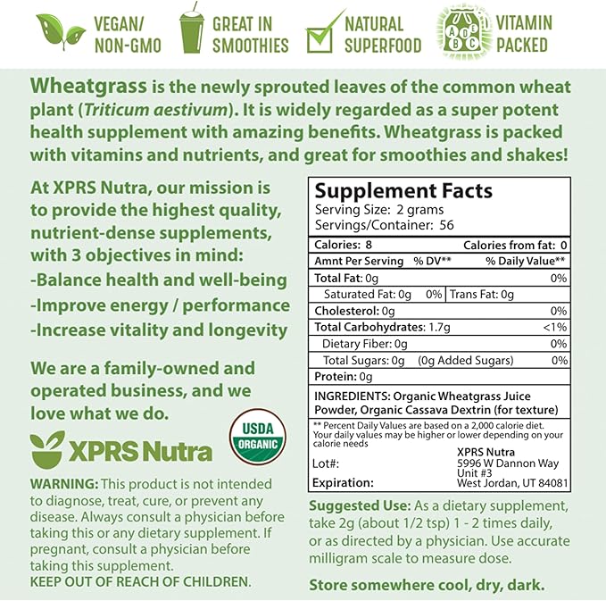 XPRS Nutra Organic Wheatgrass Juice Powder - Sustainably Grown - Instant Wheat Grass Juice Powder Made from Concentrated Juice - More Potent Than Organic Wheatgrass Powder - 4 Ounce