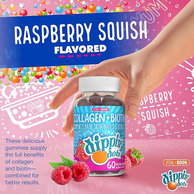 Dippin' Dots - Biotin Collagen Gummies for Women and Men - Hair, Skin & Nails Support - 10,000 mcg Biotin - Vegetarian, Non-GMO, Gluten-Free (60 Count)