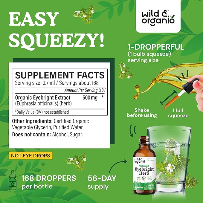 Wild & Organic Eyebright Herb Tincture - Vision Support with Euphrasia Extract - Dietary Eyebright Drops 500 mg - Vegan, Sugar & Alcohol-Free Liquid Supplement - 4 fl oz