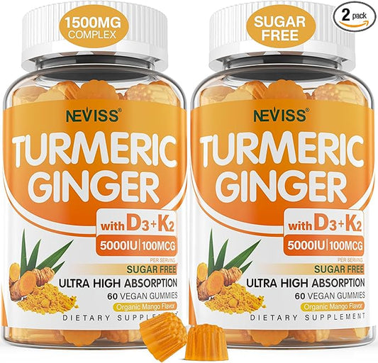 Sugar Free Turmeric Ginger Gummies with 5000 IU Vitamin D3 & K2 (MK7), C - Vegan Turmeric Supplement Gummies for Adults 1500mg with Black Pepper, Supports Bone, Immune & Digestive Health - 120 Cts