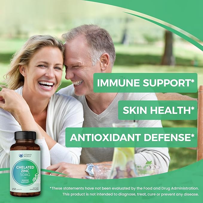 Vitamin World Chelated Zinc 50 mg - 250 Caplets, High Potency & Well Absorbed Chelated Zinc Supplement, Supports Immune, Skin & Antioxidant Health, Gluten-Free, 250 Days Supply