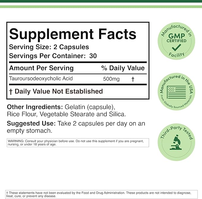 TUDCA Bile Salts Liver Support Supplement, 500mg Servings, Liver and Gallbladder Cleanse Supplement (60 Capsules, 250mg) Genuine Bile Acid TUDCA with Strong Bitter Taste by Double Wood