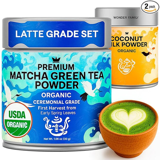 Organic Matcha Latte Powder & Coconut Milk Set – Ceremonial Grade First Harvest Matcha – USDA Organic Green Tea Sugar Free – Coffee Alternative (1.06 oz)