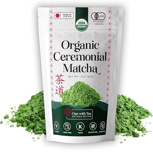 ONE WITH TEA Ceremonial Matcha Powder USDA Organic 2oz – Authentic Japanese Green Tea, Made in Japan | Perfect for Matcha Latte, Smoothies, Hot & Iced Drinks