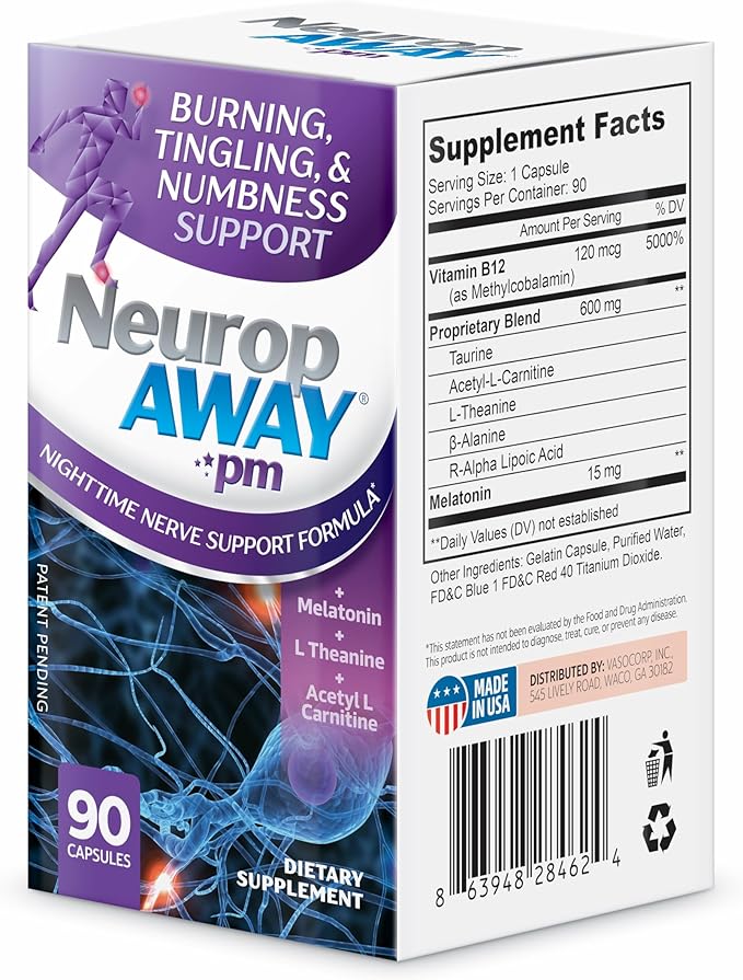 NeuropAWAY Nerve Support PM, with R-Alpha Lipoic Acid to Help Provide Nerve Relief in as Little as 5 Days, Acetyl-L-Carnitine, Theanine, Melatonin, and Methylcobalamin, 90 Capsules