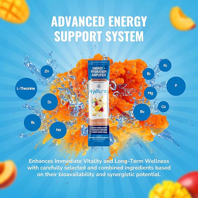 Electrolytes Powder Packets with 13 Essential Nutrients, Improve Energy & Focus, 100mg L-Theanine Nootropics, Non-GMO, Vegan, Gluten Free, Peach Mango Drink Mix, (15 Pack)