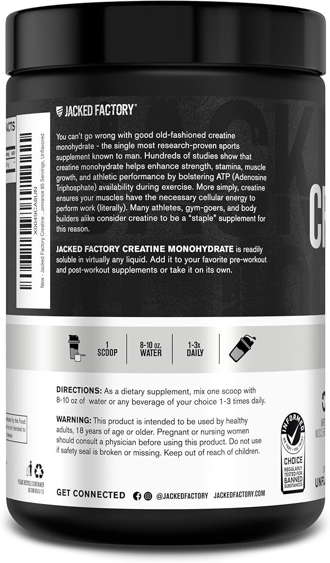 Jacked Factory Creatine Monohydrate Powder 425g - Creatine Supplement for Muscle Growth, Increased Strength, Enhanced Energy, & Improved Athletic Performance 85 Servings, Unflavored