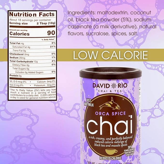 Orca Spice Reduced Calorie Chai Tea Latte Mix, 11.9 Oz, Black Tea, Organic Spices, Sugar Free, Dairy Free, Serve Hot or Cold, Just Add Water or Milk, 18 Servings