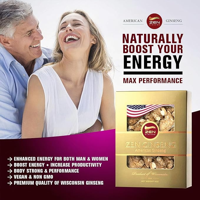 Premium Quality of Extra Large Round - American Wisconsin Ginseng Root (4oz/Box) Boosts Energy, Performance & Mental Health for Men & Women. ZenGinseng USA