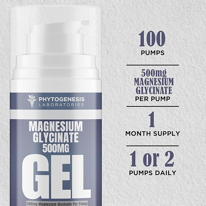 Topical Magnesium Glycinate Gel – 500mg Per Pump – High Absorption Transdermal Formula – Soothes Muscles - Supports Relaxation & Sleep – 4oz