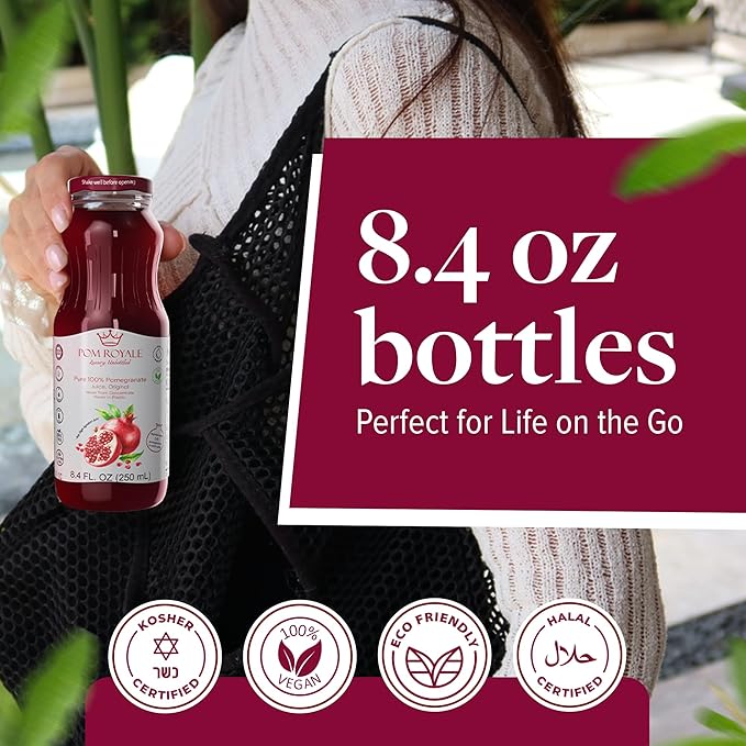 Pure Pomegranate Juice No Pulp, 8.4 Ounce Glass Bottle (Pack of 15), Cold Pressed Juice, Not from Concentrate, Non-GMO, No Sugar Added, Gluten Free, Kosher Certified, Preservative Free