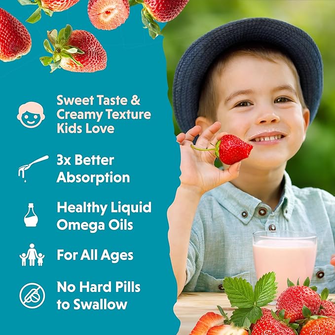 Barlean's Omega Pals Omega 3 for Kids, Yummy Straw-Nana Flavored Children's Liquid Flax Seed Oil Supplement with 1,483 mg ALA, Non-GMO, Vegan Brain and Eye Health, 8 oz