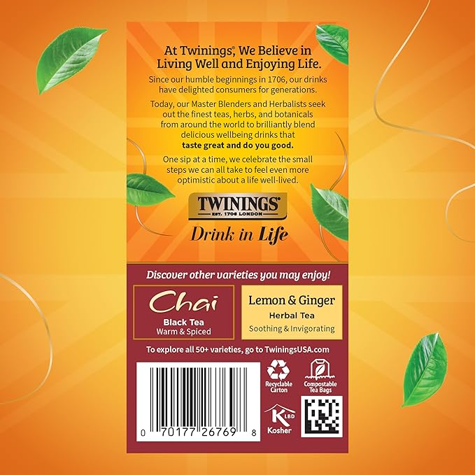 Twinings Pumpkin Spice Chai Black Tea Individually Wrapped Bags | 20 Count (Pack of 6), Warm, Spicy & Aromatic, Caffeinated