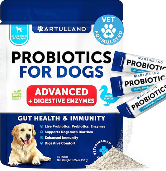 Probiotic Powder for Dogs - Support Gut Health, Itchy Skin, Allergies, Immunity, Yeast Balance - Dog Probiotics and Digestive Enzymes with Prebiotics - Reduce Diarrhea, Gas - 30 Probiotic Sticks