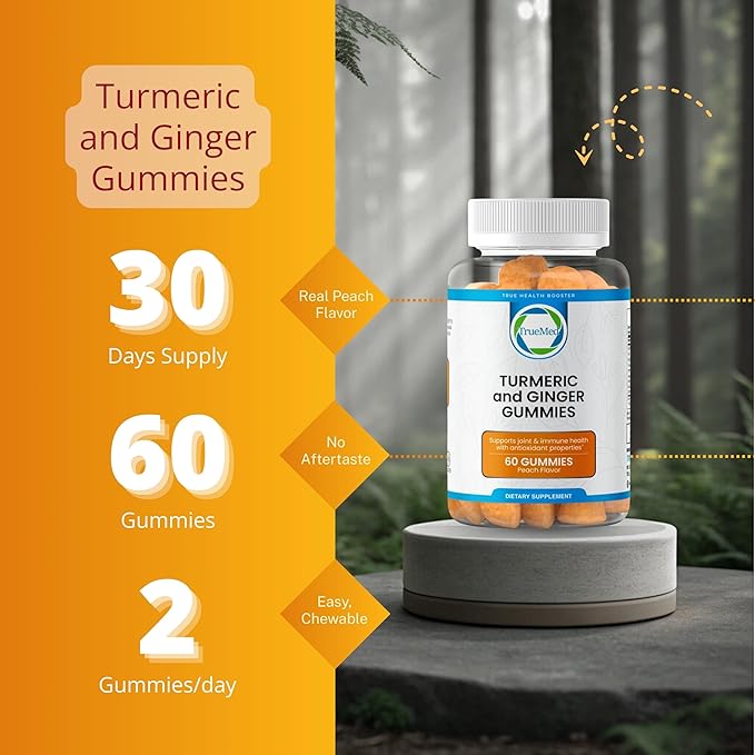 Turmeric and Ginger Supplement Gummies, Organic Turmeric Curcumin,95% Curcuminoids 5% Gingerols Root, Joint Health & Inflammation Support with Black Pepper Extract, Peach Flavor, USA Made -60 Count
