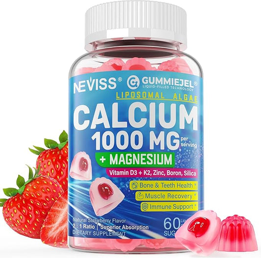 Sugar Free Calcium Gummies 1000 Mg Liposomal Liquid Form for High Absorption - Algae Calcium Supplements for Women, Men W/Vitamin D3 K2, Magnesium Glycinate, Zinc, Boron, Silica for Bone Health