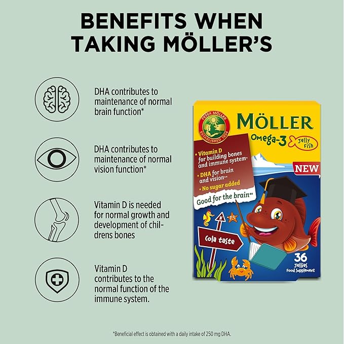 MÖLLER'S Omega 3 Capsules, Natural Fish Oil Omega3 for Kids with DHA and EPA, No Gluten, Lactose or Added Sugar & Easy to Chew, Cola Flavor, 36 Capsules