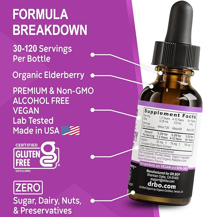 Elderberry Syrup Organic Liquid Drops - Sugar Free Immune Support Supplement for Adults & Kids, Ages 1 Immune Booster - Pure Organic Elderberry Syrup Liquid Drops Tincture Extract Concentrate 1 Fl Oz