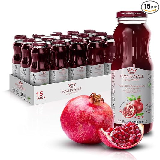 Pure Pomegranate Juice No Pulp, 8.4 Ounce Glass Bottle (Pack of 15), Cold Pressed Juice, Not from Concentrate, Non-GMO, No Sugar Added, Gluten Free, Kosher Certified, Preservative Free