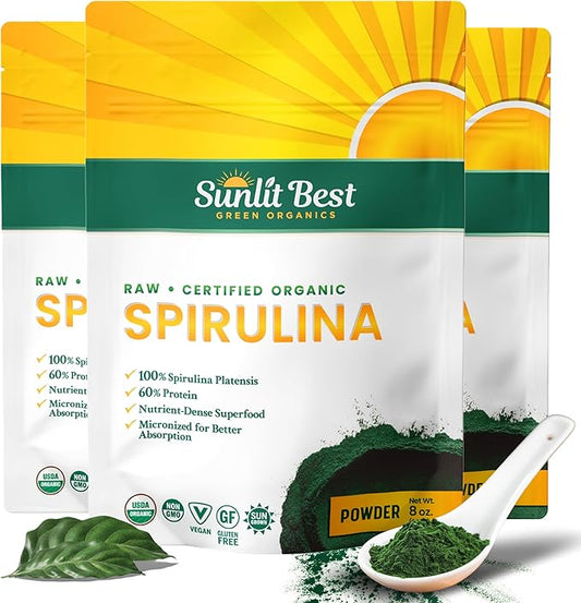 Sunlit Best USDA Organic Spirulina Powder - Blue-Green Algae, Raw & Vegan Source of Protein & Chlorophyll | Non-GMO & Gluten-Free Superfood Energy Drink | Immune Support Supplement, 8 oz - 3 Pack