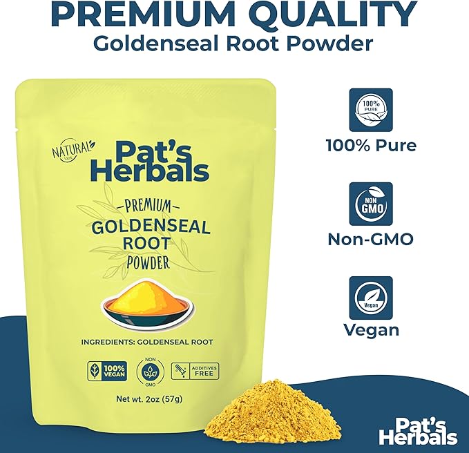 Pat's Herbals Goldenseal Root Powder - 2oz, USA Grown, Non-GMO | Pure Bright Yellow Root Powder