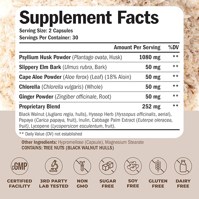 Psyllium Husk Powder Capsules. Fiber Supplement for Digestive, Colon & Gut Health - Dietary Fiber Pills with Ginger Root to Help Keep You Regular. Antioxidant Support. Vegan, Non-GMO. 60 Capsules